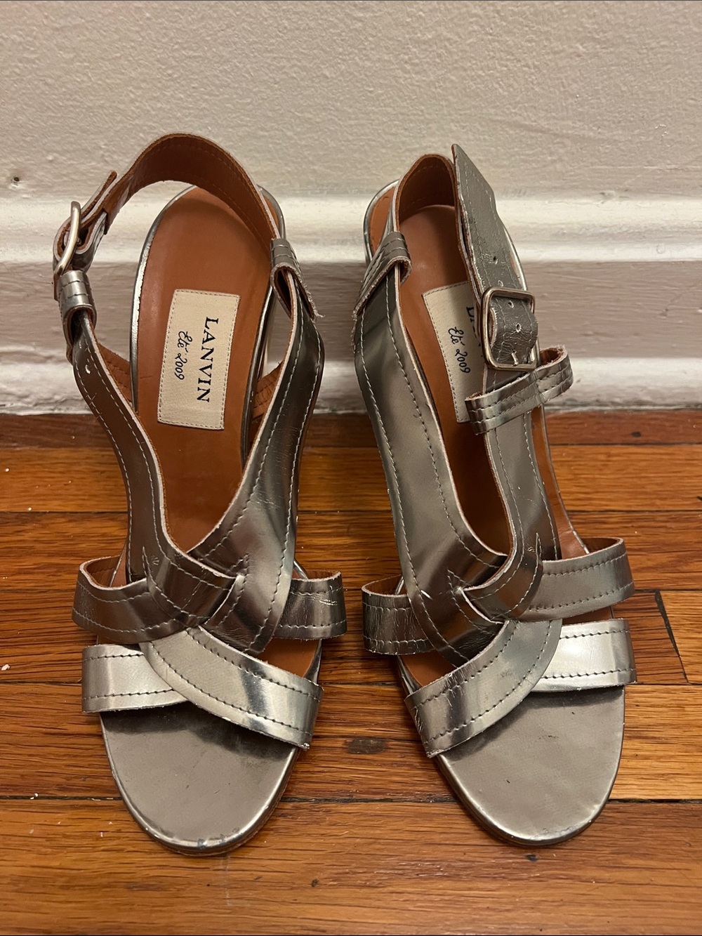 Lanvin Metallic Silver Leather Strappy Heels